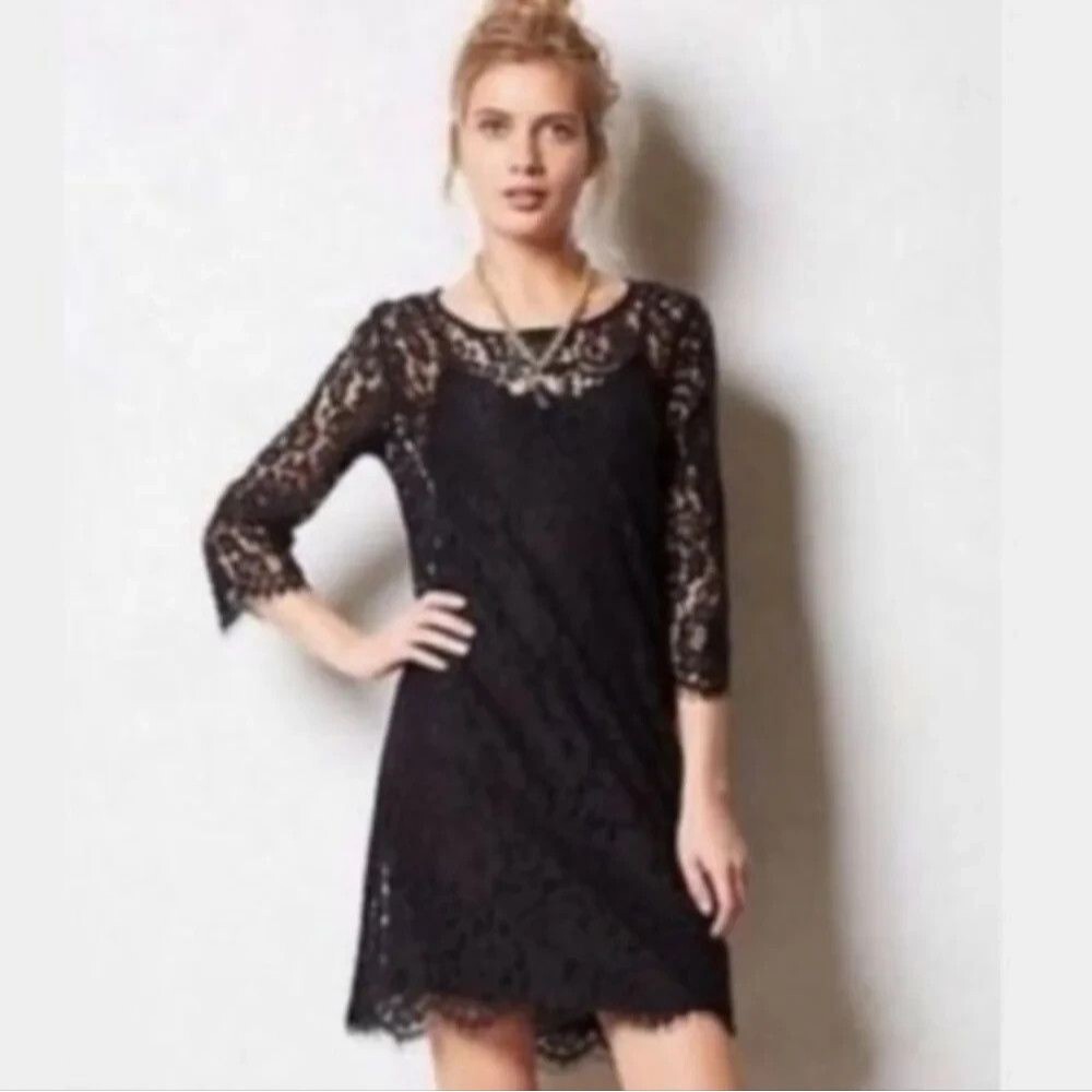 $128 HD in PARIS lace dress M anthropologie sheer floral 3/4 sleeve mini LBD